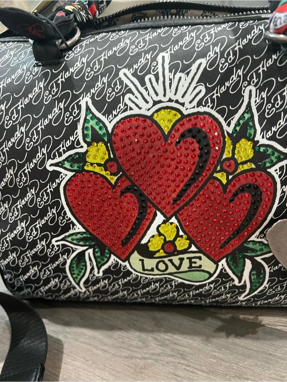 Ed Hardy Black & Red Love Hearts Top-Handle Shoulder Bag